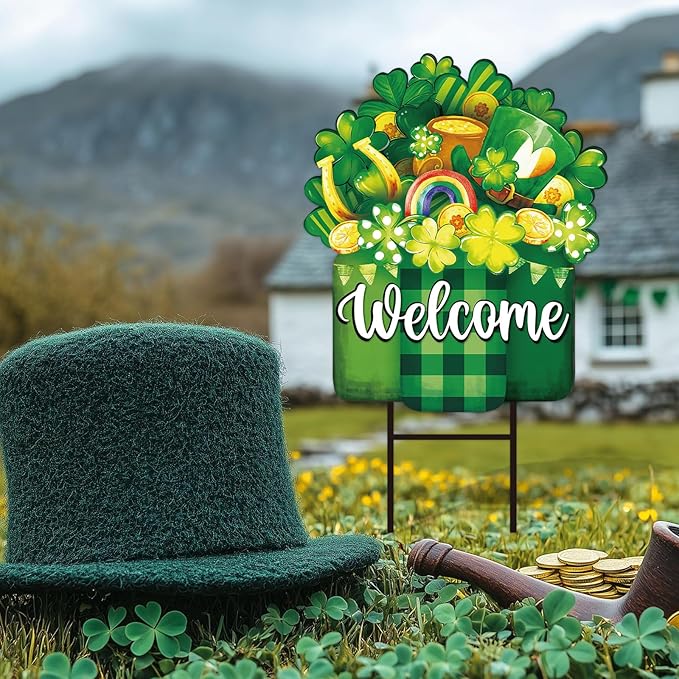 JarThenaAMCS St. Patrick' s Day Metal Garden Stake Welcome Yard Sign Watercolor Green Clover Shamrock Vase Decorative Lawn Sign for Irish Holiday Home Outside Lawn Porch Walkway