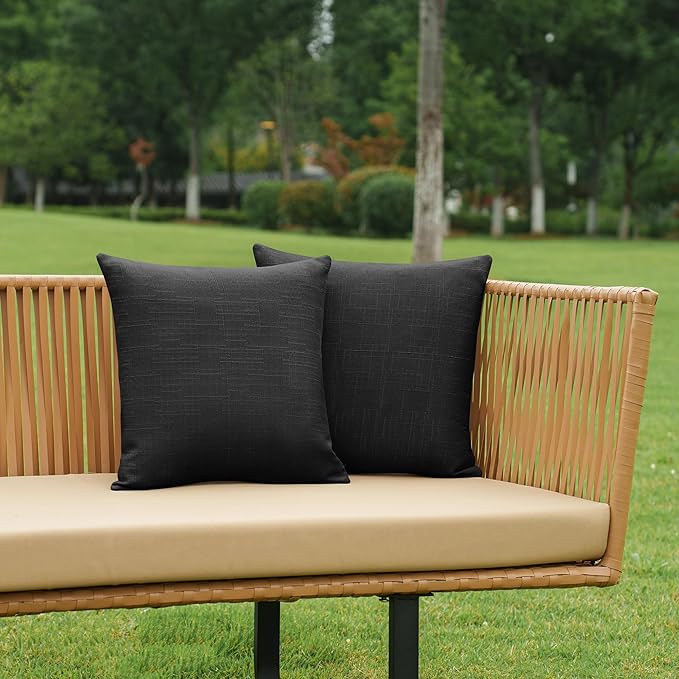 NiNi ALL Pack of 2 Decorative Outdoor Waterproof Pillow Covers Square Garden Linen Textured Cushion Sham Throw Pillowcase Set of 2 for Patio Farmhouse Garden Tent Couch 24x24 Inch Black