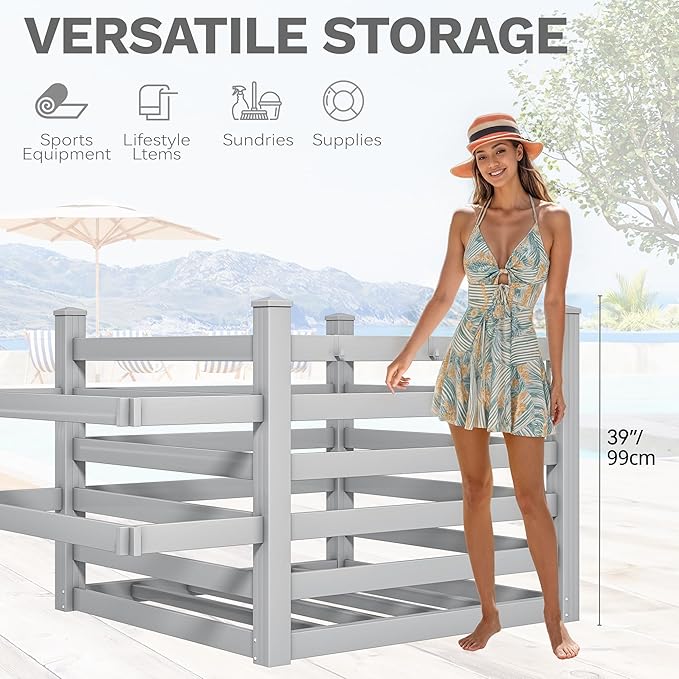 DWVO Pool Storage Bin, 64"x46"x38" Large Waterproof Pool Float Organizer with 6 Movable Hooks, Outdoor Resin Poolside Deck Box for Goggles, Towels & Pool Accessories, Gray