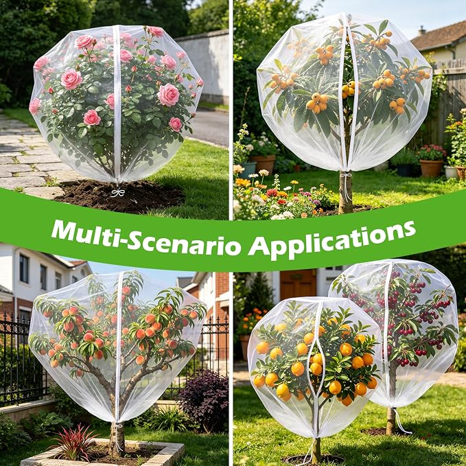 4PCS 4.6Ft × 5.9Ft Fruit Tree Netting with Zipper and Drawstring, 60 Mesh Thickened Garden Bird Netting for Blueberry Bushes, Fruits, Vegetables, Insect Bird Barrier Mesh Protective Cover