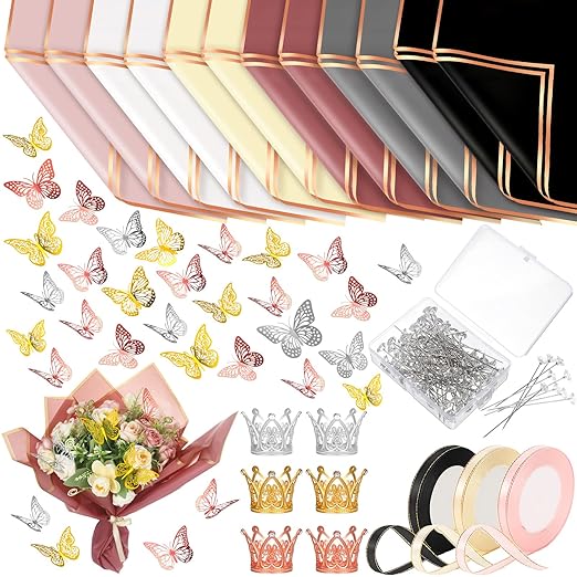 Qilery 243 Pcs Flower Bouquet Wrapping Paper Waterproof Floral Wrapping Paper Florist Supplies with Butterfly Decoration Crowns Ribbons Bouquet Pin Glue for DIY Craft (Stylish Color)