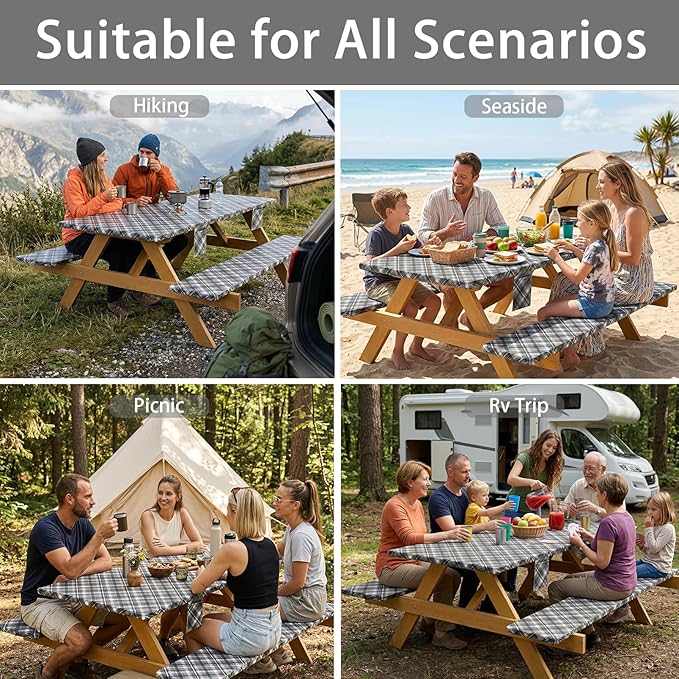 Fitted Waterproof Picnic Table Cover with Bench Covers Heavy Duty Elastic Outdoor Camping Tablecloth for 6 Foot Rectangle Tables Summer Rv Accessories Patio Garden Road Trip Essentials Gifts