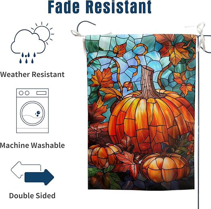 Pumpkin Fall Garden Flag Autumn flags 28x40 Double Sided Large Stained Glass Thanksgiving House Flag Harvest Yard Flag for Outside Porch Lawn Decor
