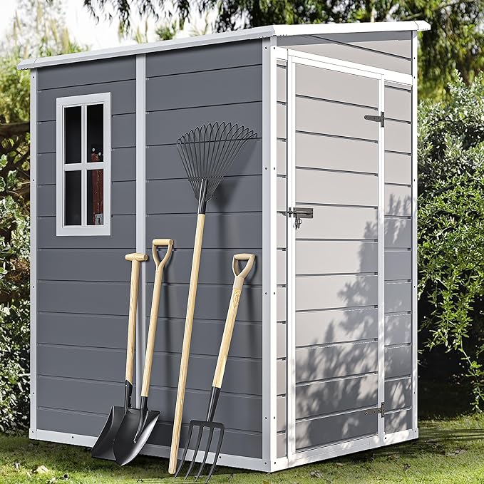 DWVO 5x4 FT Outdoor Storage Shed with Reinforced Floor, All-Weather Resin Storage Shed with Lockable Door & Window, Waterproof Plastic Tool Storage for Garden, Backyard, Patio, Lawn