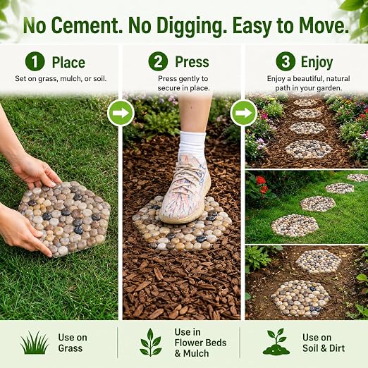 Stepping Stones Outdoor, Natural River Rock Garden Pavers, Set of 6 Round Pebble Stones for Walkway, Yard, Lawn, Patio, Pathway & Landscaping Decor (Hexagon)