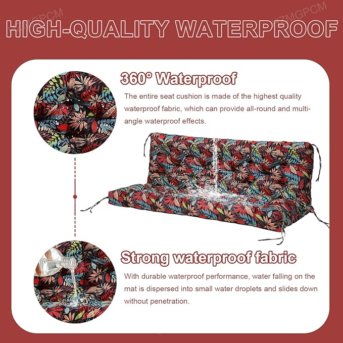 Premium 5" Thick Waterproof Outdoor Swing Cushions Sturdy Durable 2-3 Seat Replacement Porch Swing Cushions with Backrest&Ties Bench Cushion for Outdoor Furniture Backyard Patio (Flower01)
