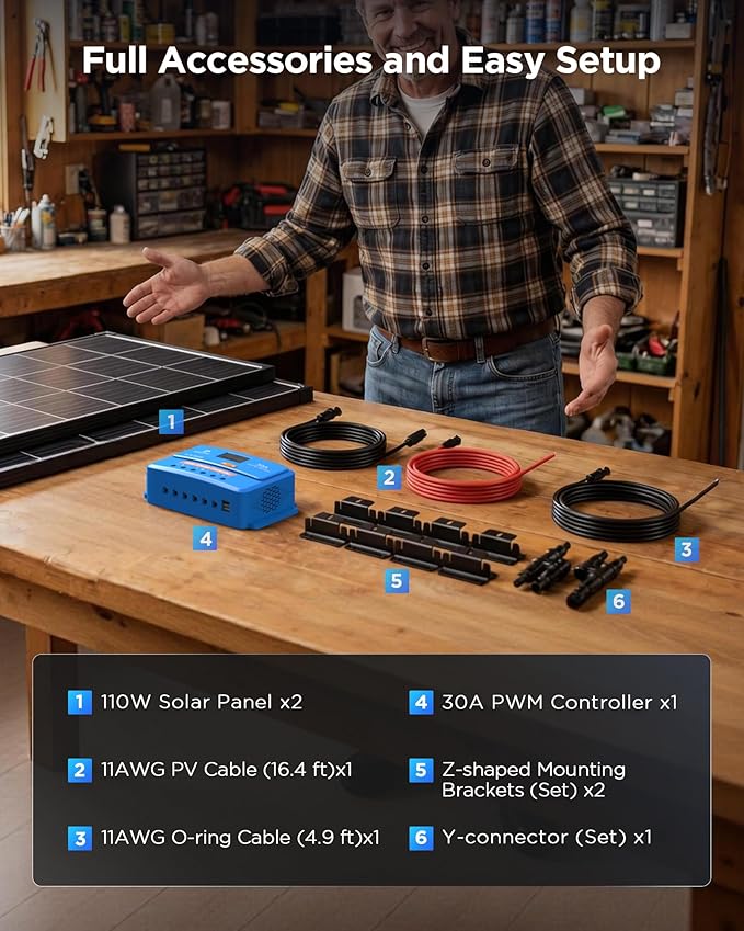 ZOUPW 220W N-Type 16BB Solar Panel Kit(2 * 110W) with 30A PWM Charge Controller,25% High Efficiency Mono Offgrid Power System for 12V/24V Battery,11AWG Cables Y-connectors for RV Boat Camper Cabin