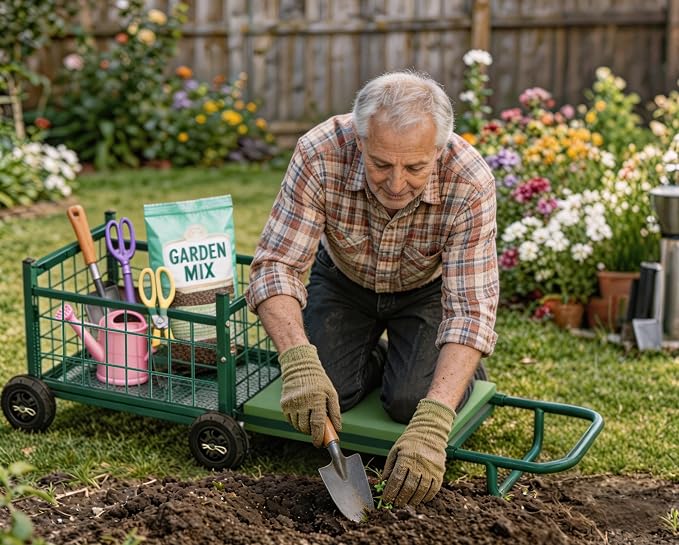 FLINTER Extra-Large Rolling Garden Cart and Kneeler, 2026 Heavy Duty Gardenning Cart with Seat and Kneeler - Garden Rolling Stools with Wheels for Seniors, Lawn, Patio & Backyard Gardening, Green