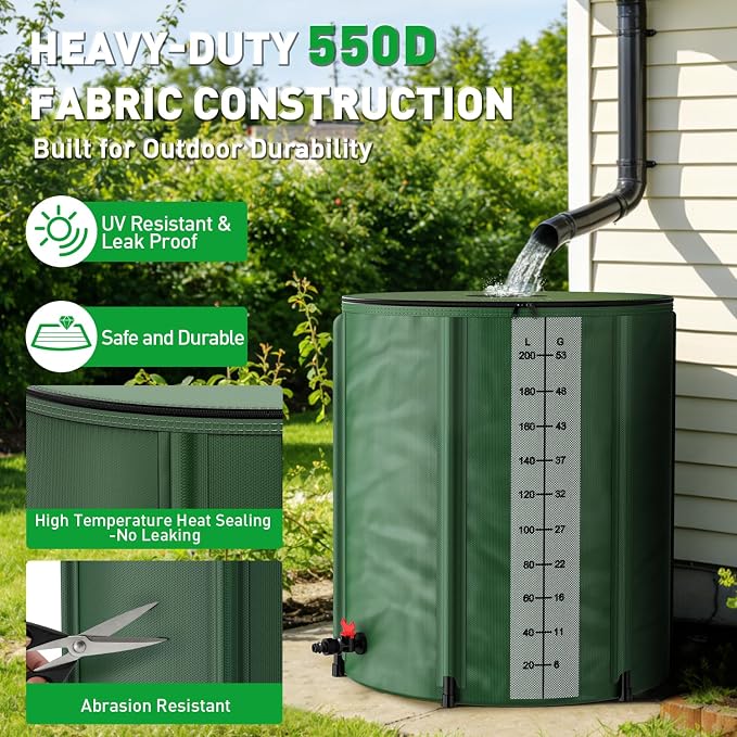 Yesker Collapsible Rain Barrel, 53 Gallon Portable Rainwater Collection System, 550D PVC Water Storage Tank, Rain Catcher with Spigots Filter Overflow Kit, Green