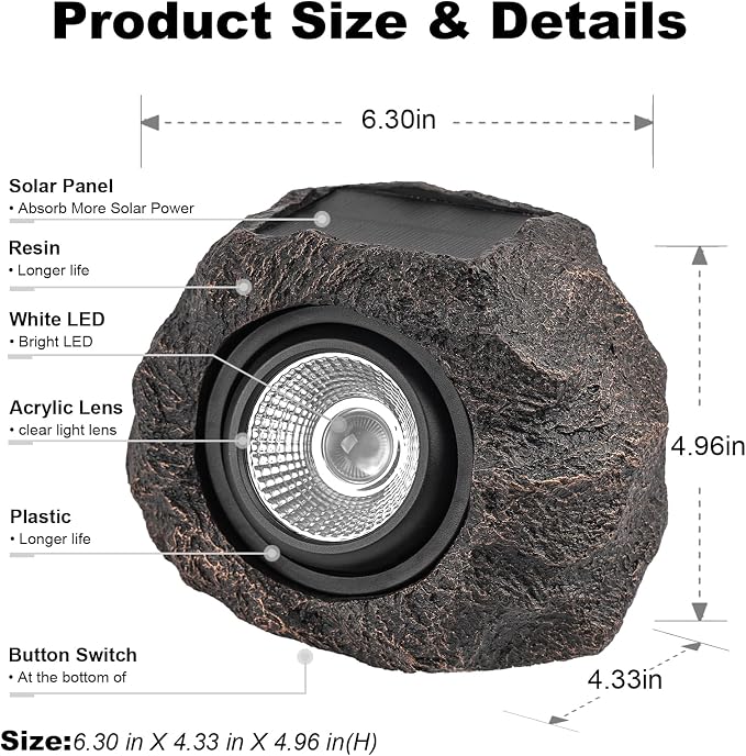 Solar Rock Lights Outdoor, IP65 Waterproof LED Solar Spotlights, Realistic Stone Garden Lights with Adjustable Angle & Auto On/Off, Solar Landscape Pathway Lights for Yard, Walkway, Patio (2 Pack)