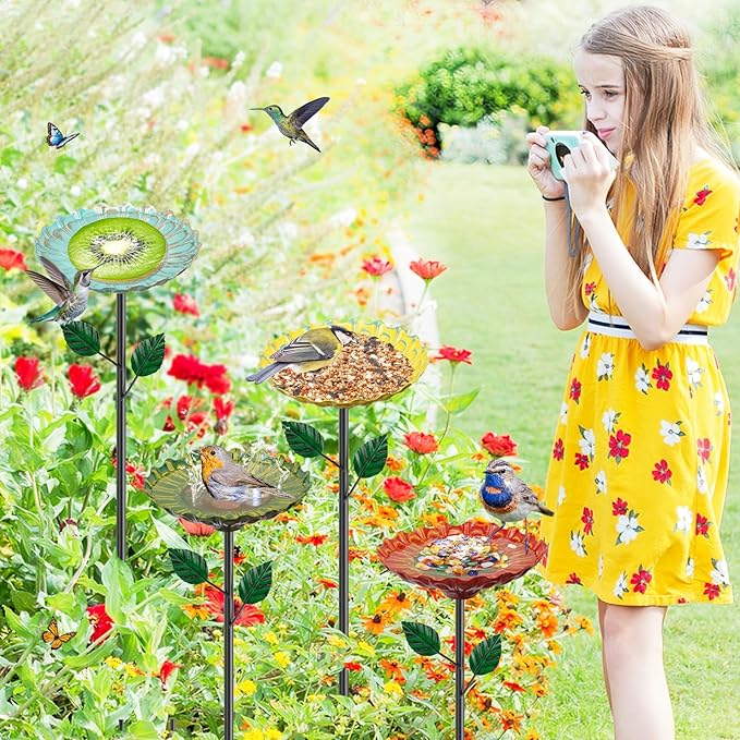 2 Pack Bird Baths for Outdoors, Colorful Metal Bird Bath for Outside, Hummingbird Bath with Five Stakes, Outdoor Birdbath Decor for Garden Yard Lawn Backyard Patio (4PCS Sunflower)