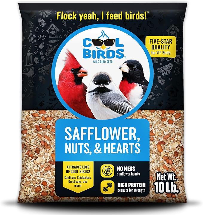 Cool Birds Safflower, Nuts & Hearts Wild Bird Seed – 10 lb. Gourmet Bird Food with Safflower, Sunflower Hearts & Peanuts – No Corn, Milo or Millet, No Waste Bird Food for Outside Feeders