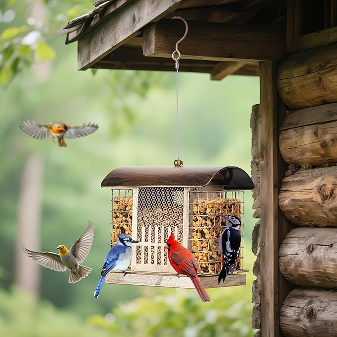 Suet Bird Feeder Outdoor Hanging with 2 Metal Mesh Cages - Attracts Woodpeckers, Finches, Sparrows - Wild Bird Feeder for Garden, Yard Decoration or Gift