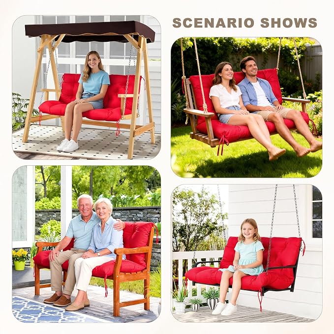 Porch Swing Cushion with Backrest,Waterproof Bench Cushion for Outdoor Furniture,2-3 Seater Replacement Thickened Swing Cushion with Ties,Patio,Outdoor,Backyard and Garden (Red,47x40)