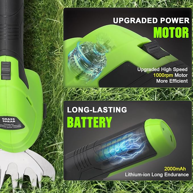 Cordless Grass Shear & Hedge Trimmer - Green | 2-in-1 Electric Shrub Trimmer and Grass Cutter | 8V Handheld Lawn Trimmer with USB Type-C Cable & Rechargeable Lithium-Ion Battery