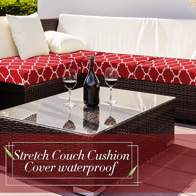 Newwiee 4 Pcs Waterproof Outdoor Cushion Covers for Patio Furniture Stretch Outdoor Couch Cushion Covers Replacement Moroccan Pattern Chair Seat Sofa Slipcovers Soft Flexibility Protector(Wine Red)
