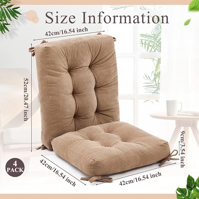 Juexica 4 Set Outdoor Patio Chair Cushions Corduroy Seat High Back Tufted Pillow Replacement Rocking Chair Cushions Patio Chair Pads for Autumn Winter Seasonal Indoor Home Office (Khaki)