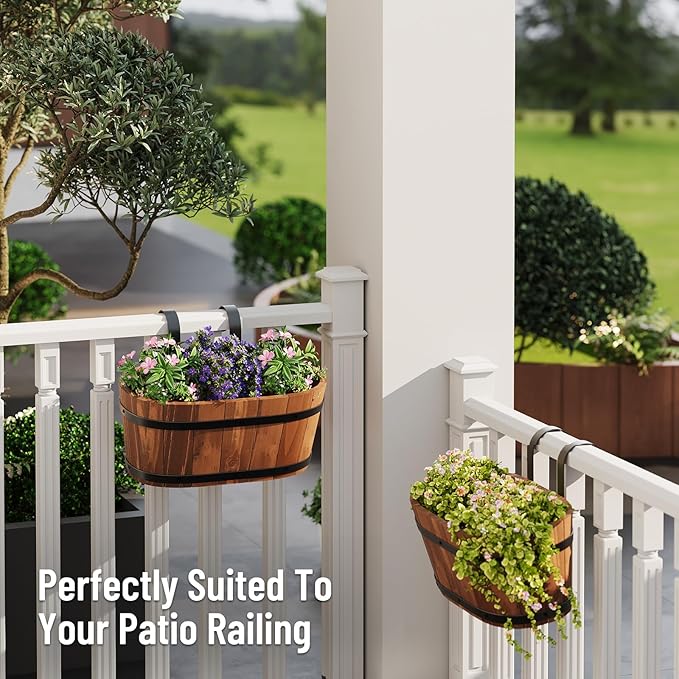 Hanging Wooden Flower Pots, Railing Planter for Any Balcony, Porch or Deck Countryside Style with Detachable Hooks for Garden Yard Home Decor (Brown)