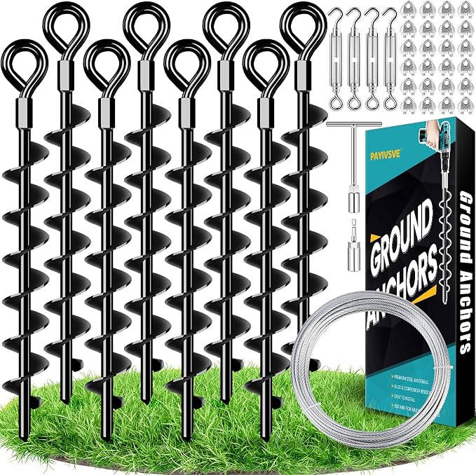 Ground Anchors Shed Anchors Kit with 1/8" Galvanized Cable and Turnbuckles, Trampoline Stakes Heavy Duty Earth Anchor for Sheds Canopy Gazebo Mobile Home Swing Set(8x15in)