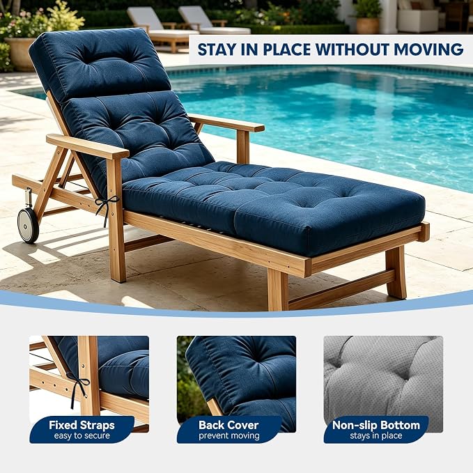 Non-Slip Outdoor Chaise Lounge Chair Cushion, Waterproof 74.4 x 22 x 4.7 Inches Lounge Chair Cushions for Outdoor Patio Furniture with Ties, Pool Chaise Lounge Cushions Replacement, Blue