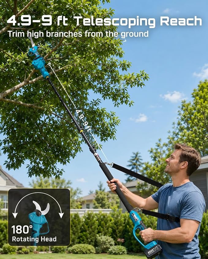 SEESII 2-in-1 Pole Pruning Shears 1.6'' Cut, 20V Electric Cordless Pole Pruner With 4.9-9 ft Telescopic Reach, LCD Display, 2 x 4.0Ah Batteries, Brushless Motor, SK5 Blade for Garden Tree Trimming