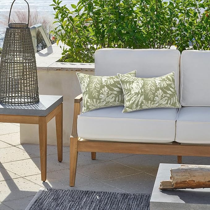 LVTXIII 2 Pack Outdoor Lumbar Pillow Covers 12x20 Inch with Piping, Water-Repellent Back Cushion Covers ONLY for Patio Furniture, Sofa, Garden Bench, Tropical Leaf Green