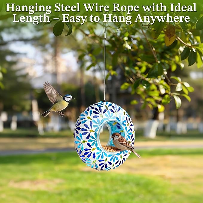 SAVENNA Mosaic Glass Hanging Bird Feeder, 8 Inch Handcrafted Outdoor Feeder with Steel Wire Rope, Decorative Garden & Patio Feeder for Wild Birds, Blue Geometric Mosaic Design