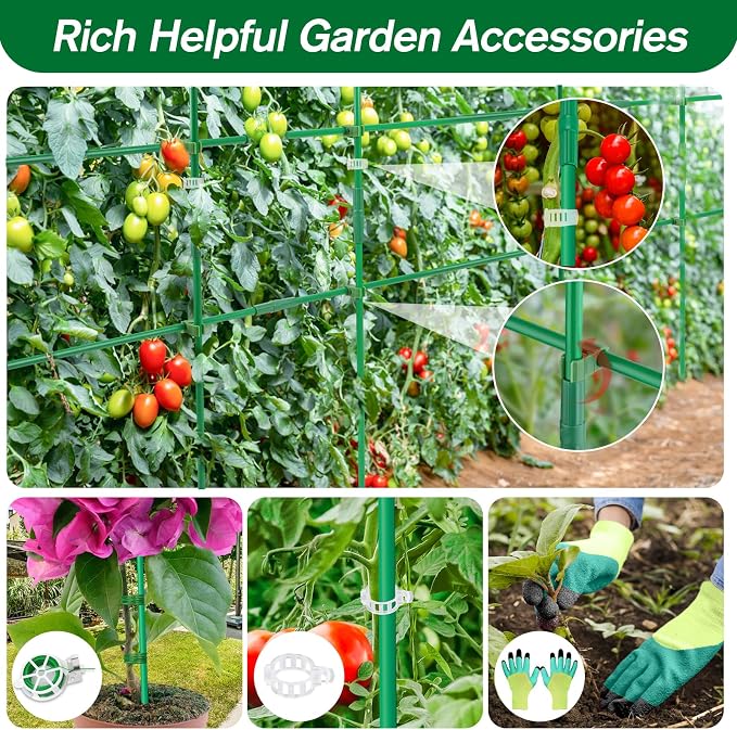 Qinzave 256PCS Garden Stakes Set with 75PCS 16 Inch Fiberglass Plant Sticks and Stake Arms, DIY 4ft 5ft 6ft 7ft 8ft Tomato Stakes, Garden Stakes for Vegetables Tomato Pepper Indoor Outdoor Plants