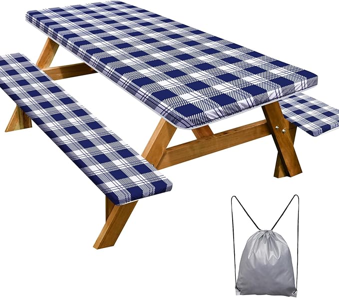 Play Tailor Picnic Table Cover with Bench Covers Camping Essentials Waterproof Windproof Camping Tablecloth with Drawstring Bag, Fitted Rectangle Tables and Seats, 60in, Blue Checkered