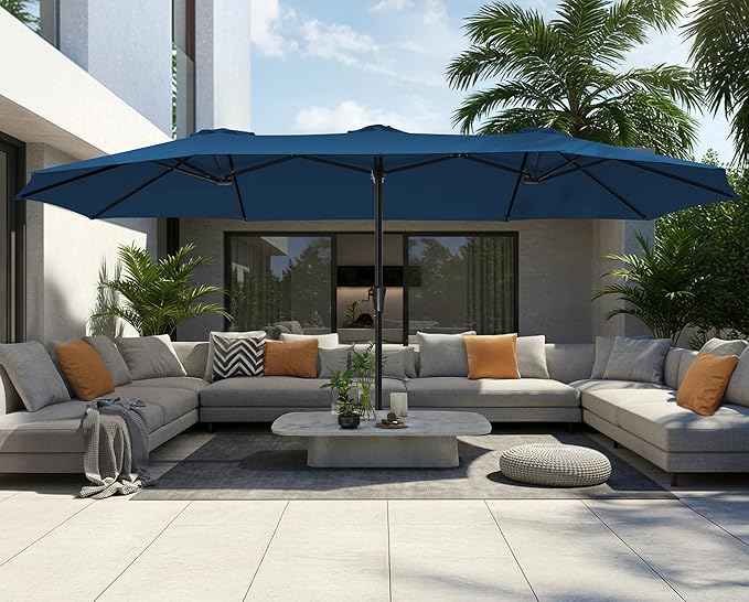 SUPERJARE 15FT Outdoor Umbrella for Patio, Double sided Pool Umbrellas with Fade Resistant Canopy, Large Table Umbrella for Deck, Market, Backyard - Navy Blue(No Base)
