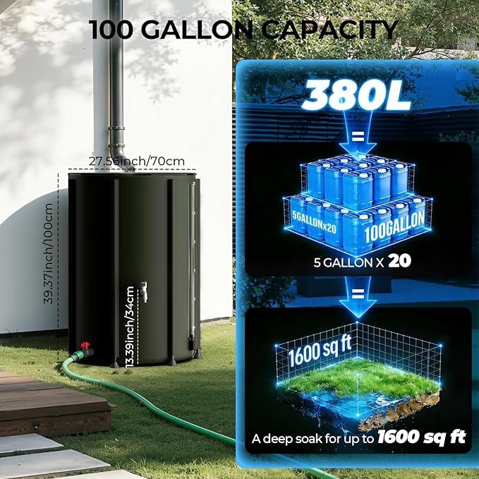 SKM Collapsible Rain Barrel, PVC Rain Water Collection System and Water Tank for Outdoor/Garden/Lawn, Portable Rain Water Collection Barrel Container with Spigots & Overflow Kit, 100Gallon, Black