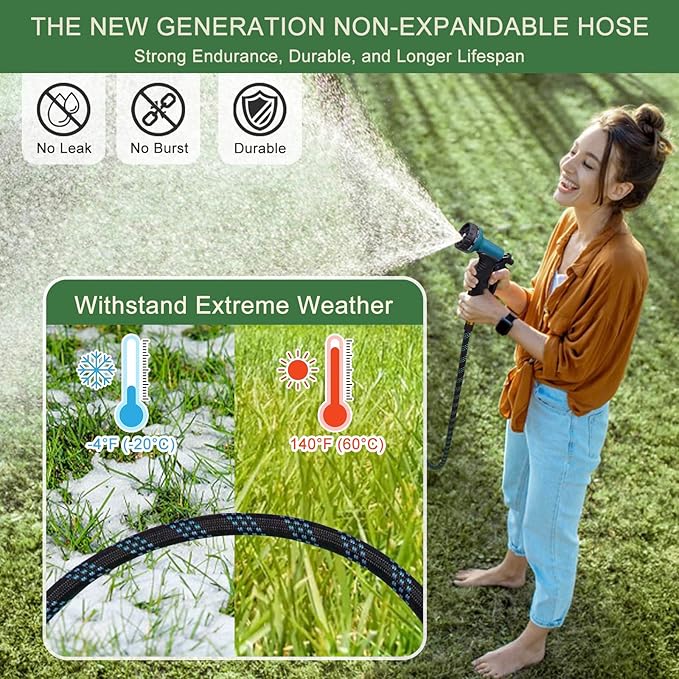 Garden Hose 100 ft, Non-Expandable Flexible Water Hose with 10 Function Spray Nozzle, Lightweight, Leak Proof, Kink-Free, Portable Hose for Outdoor, Yard, Lawn, High-Density Fabric, Black Blue