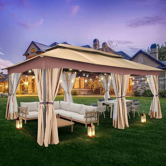 HOTEEL Gazebo 12x20, Outdoor Gazebo on Clearance with Double Ventilated Arc Roof, Privacy Curtains & Mosquito Netting, Easy Set up Canopy Tent with Stable Metal Frame for Patio Gazebo, Khaki