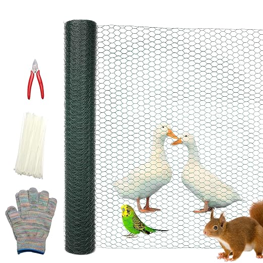 48in×150ft Chicken Wire Roll Hexagonal Netting Galvanized PVC Coated 1in Mesh Garden Poultry Fencing Barrier Animal Plants Hardware Cloth Crafts for/Rabbit/Floral/Chicken Coop/DIY Projects
