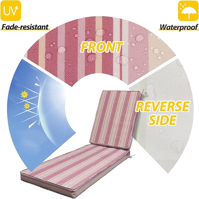 AAAAAcessories Outdoor Chaise Lounge Cushions, Fade-Resistant, Waterproof Patio Furniture Replacement Cushions, 78" x 20" x 3", Set of 2, Dusty Rose Garden Stripe