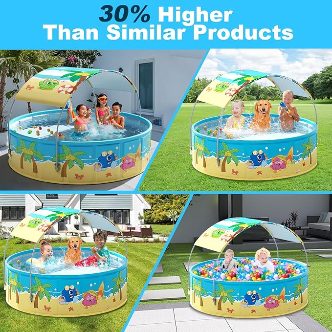 Foldable Swimming Pool with Canopy for Kids 78.7"x17.7" Hard Plastic Portable Dog Pool Anti-Slip Collapsible Pets Bathtub Kiddie Pool Indoor Outdoor Backyard (JellieMons 79'')