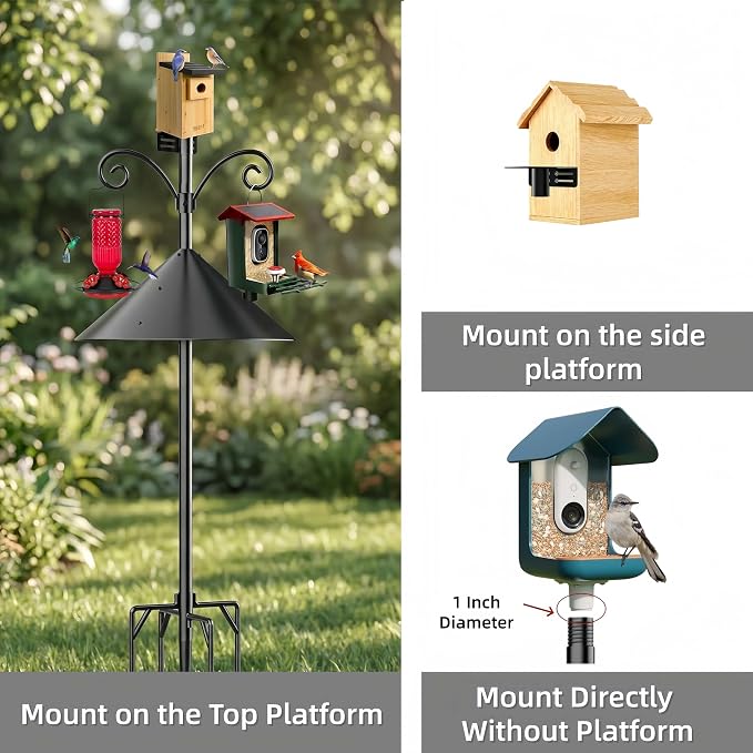 NSYOOMH Dia 1 Inch Bird Feeder Pole with 19" Proof Squirrel Baffle, Heavy Duty Metal, Bird House Pole Compatible Mount for Smart Camera Birdfeeder, Outdoor Feeding Station Stand Shepherd Hook Kit- 94"
