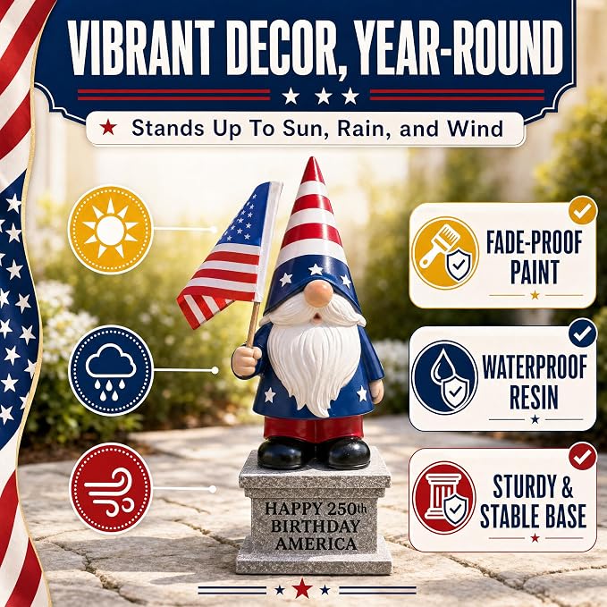 4th of July Garden Gnome with Solar Lantern 12'' Patriotic Resin Statue for Yard, Lawn, Patio - American Flag Outdoor Decoration for Memorial Day & USA 250th Anniversary Independence Day CLEARANCE