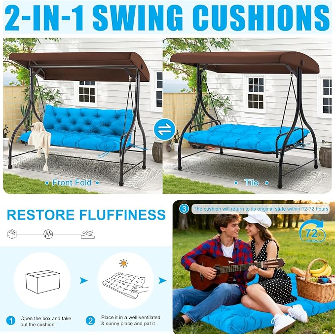 Porch Swing Cushions Outdoor 60 inch x 40 Waterproof Swing Cushions 3 Seater Replacement with Backrest & 8 Ties 5" Thick Bench Swing Cushions for Outdoor Furniture Patio(Peacock Blue)