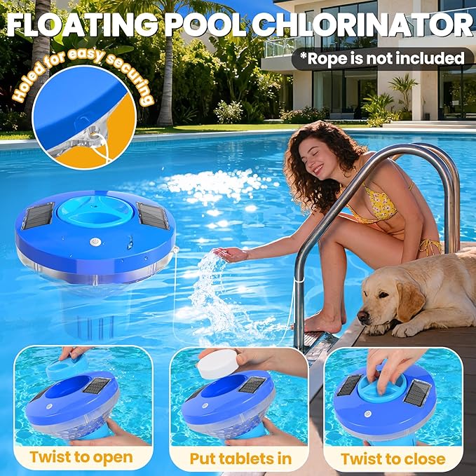 AquClor 2026 New Pool Chlorine Floater,Large Capacity Chlorine Floaters for 5 * 3'' Chlorine Tabs,Solar Chlorine Floater w/Light,Adjustable Floating Chlorine Dispenser for Pool,Hot Tub,Light Blue