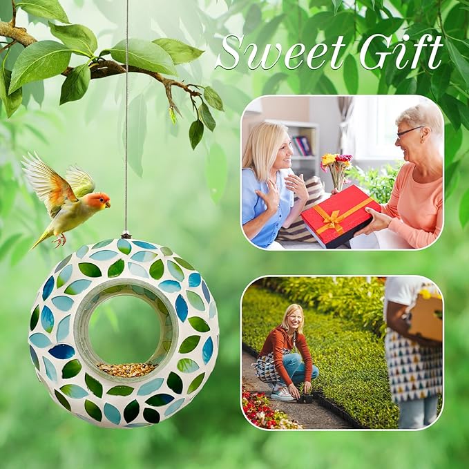 Hanging Bird Feeders for Outdoor Glass Mosaic Fly Through Wild Bird Feeder Round Shape Birdfeeder for Outside Garden Yard Patio Decoration Green