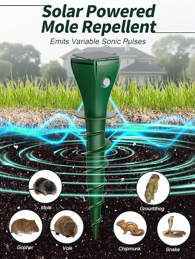 Solar Powered Animal Repellent for Yards - Waterproof Sonic Vibration Device Removes Moles, Gophers, Groundhogs, Voles, Snakes - Simple Twist Stakes for Lawn & Garden (4, Green)
