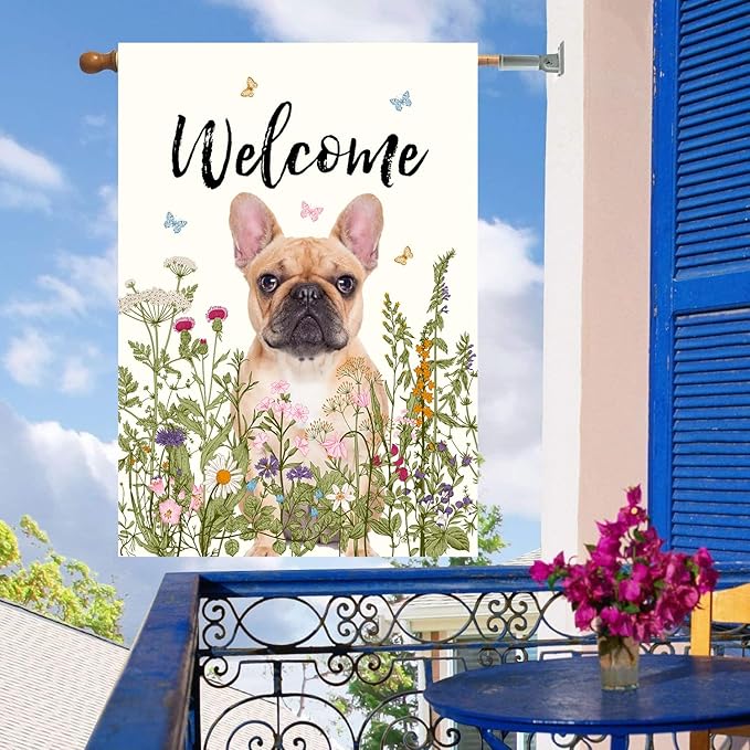 Floral French Bulldog Garden Flag Spring Summer House Flags 28 x 40 Double Sided Flower Dog Yard Flags for Outside Large Outdoor Welcome Flags