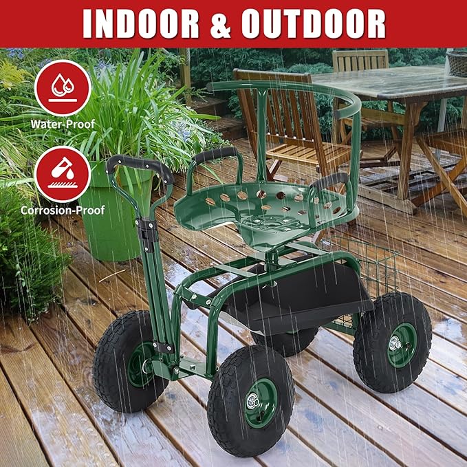 Garden Cart Rolling Workseat with Wheels, 360° Swivel Gardening Stool, Extendable Steering Handle & Utility Tool Tray, 10-Inch Inflatable Tires, Reinforced Steel Construction for Patio, Yard, Outdoor