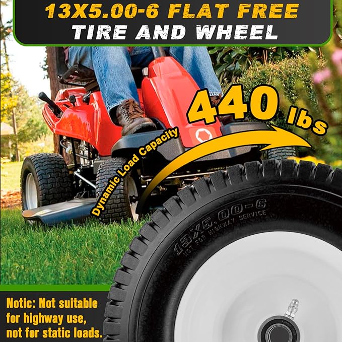 13x5.00-6 Flat Free Tire and Wheel with 3/4" & 5/8" Bearings – 2 Pack 13x5x6 Solid Rubber Lawn Mower Tires for Riding Lawn Mower Tires and Wheel with 3" Centered Hub