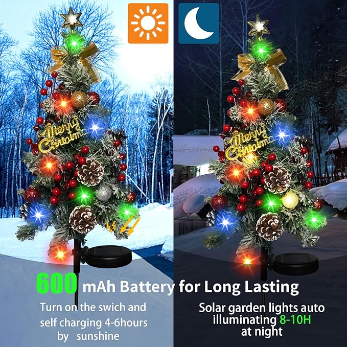 2 Pack Solar Christmas Tree Outdoor Christmas Decorations, 32in 40 Led Light 2 Modes Outdoor Waterproof,Solar Powered XmasTree for Garden Yard Pathway Lawn Cemetery Decoration