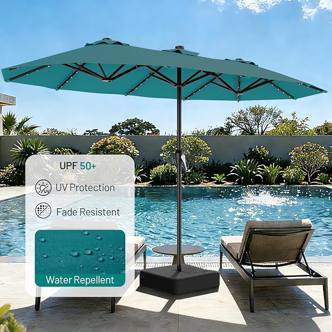 AreShark 15FT Patio Umbrella with Solar Lights, Double Sided Outdoor Table Umbrellas with Crank, Large Rectangular Market Umbrella for Porch, Lawn, Pool, Backyard, Lake Blue