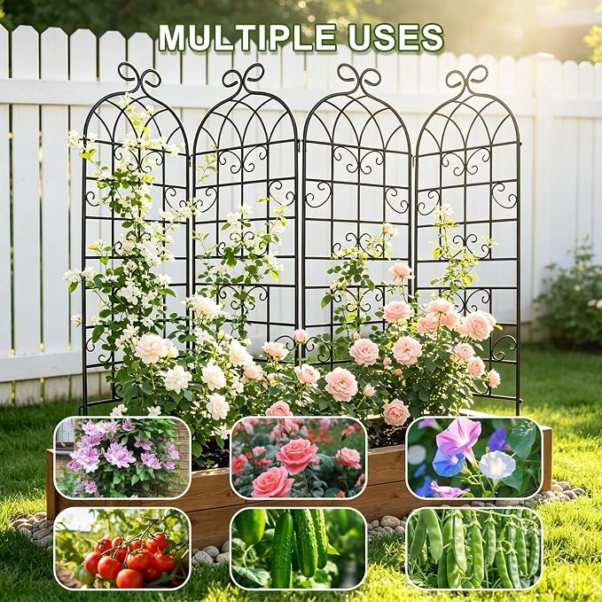 YOBAZAN 4 Pack 71x19.7in Rustic Iron Arch Decoration Garden Trellis with Black Metal Coating – Perfect for Supporting Climbing Plants Outdoor, Roses, Vines, Flowers, and Vegetables.