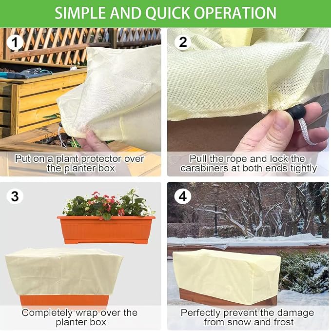Plant Frost Cover, Rectangular Garden Protection Blanket with Drawstring, 39.3X 17.7X 15.7Inch, Winter Plant Protection Netting for Raised Beds, 4 Pack