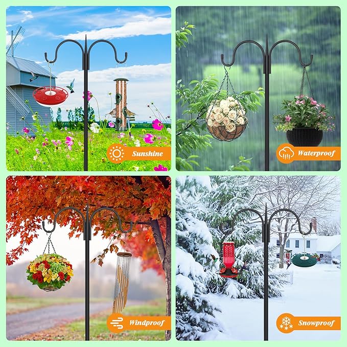 FEED GARDEN Heavy Duty Shepherds Hook 108" Double Hooks Adjustable (44/60/76/92/108") - Metal 5-Prong Base, 12lb Capacity - Easy Assembly Bird Feeder Pole for Hanging Planters, Lanterns, Wind Chimes